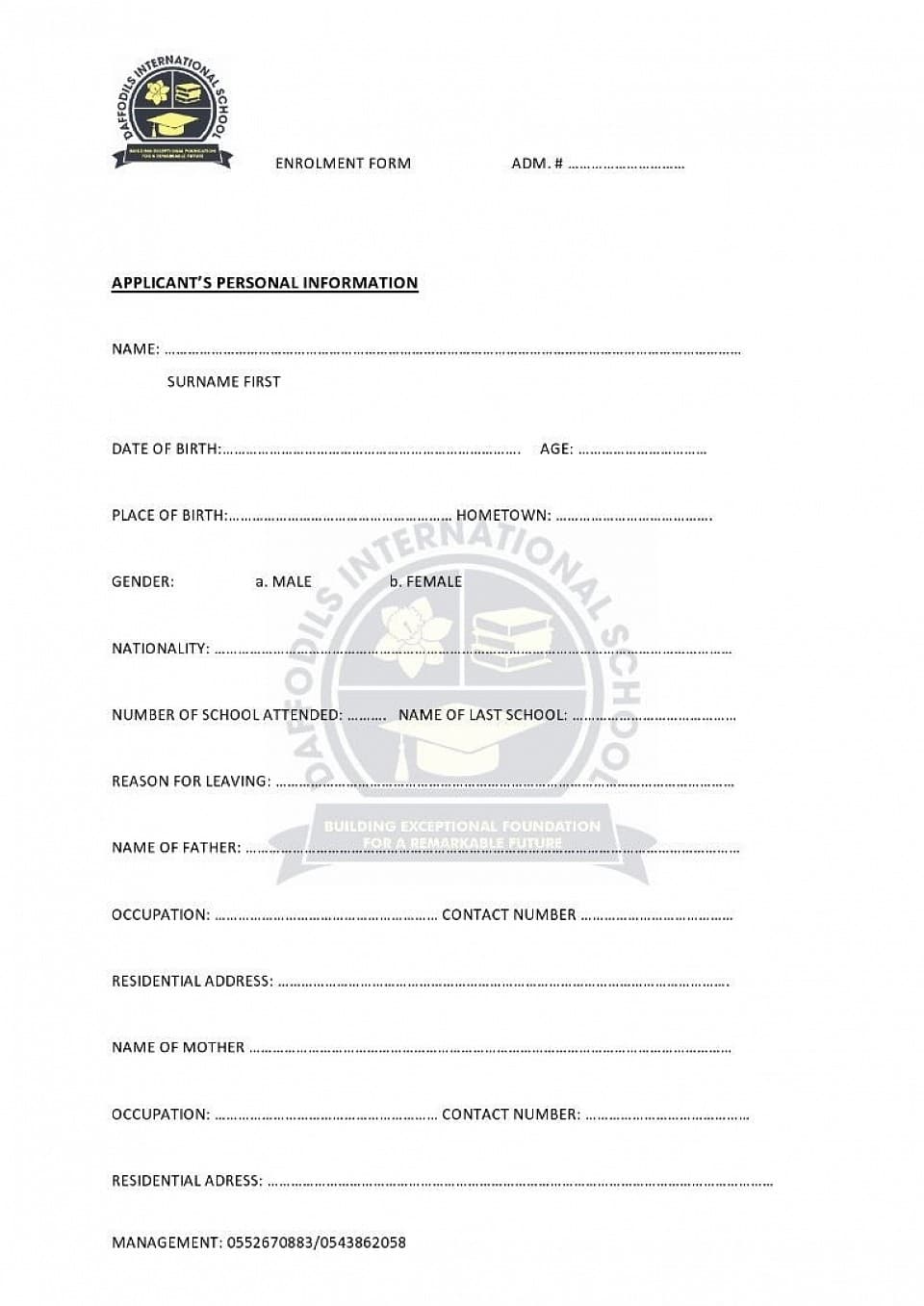 Daffodils International School enrolment form, page 1: applicant's personal information