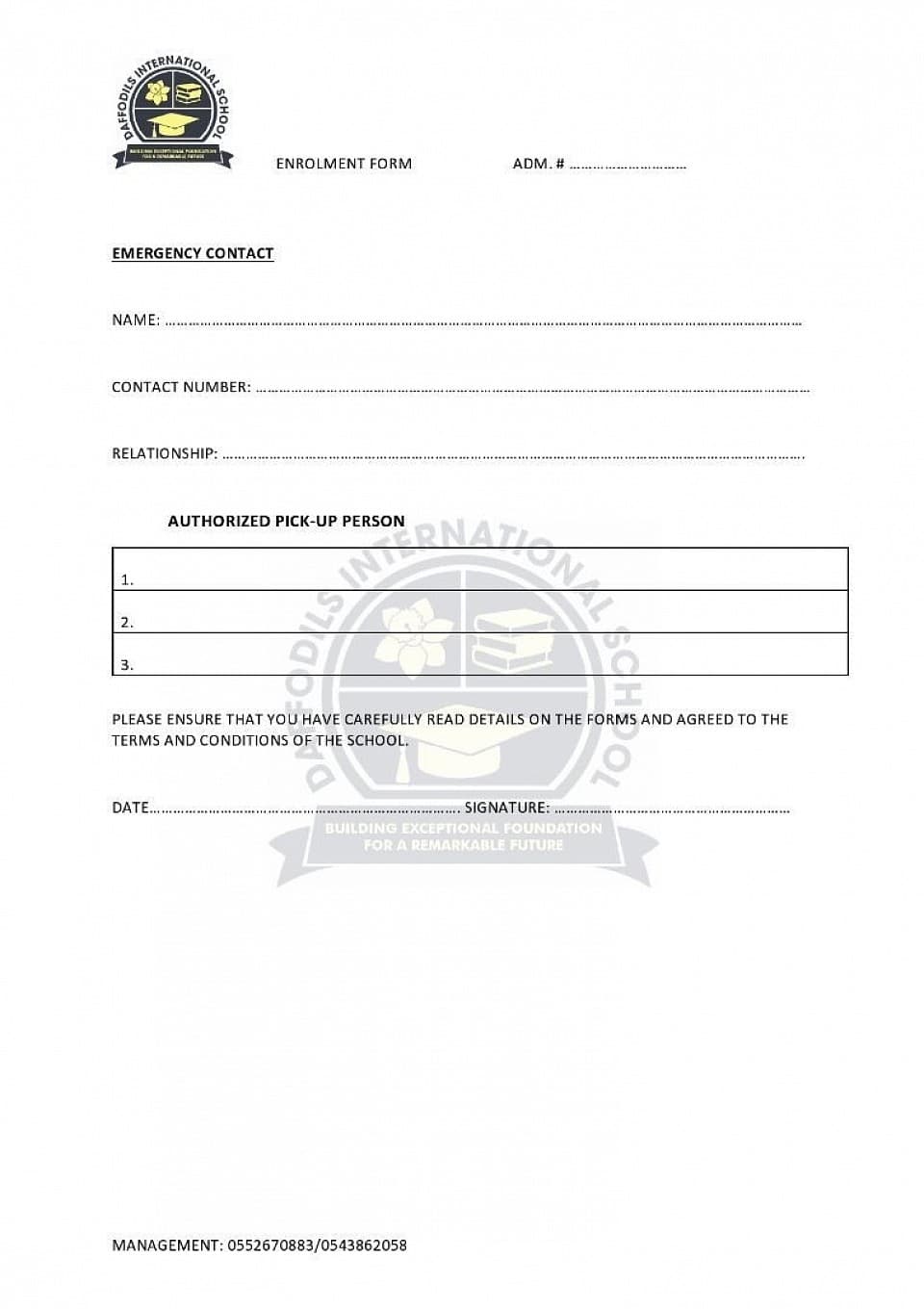 Daffodils International School enrolment form, page 2: emergency contact and authorised pick-up persons